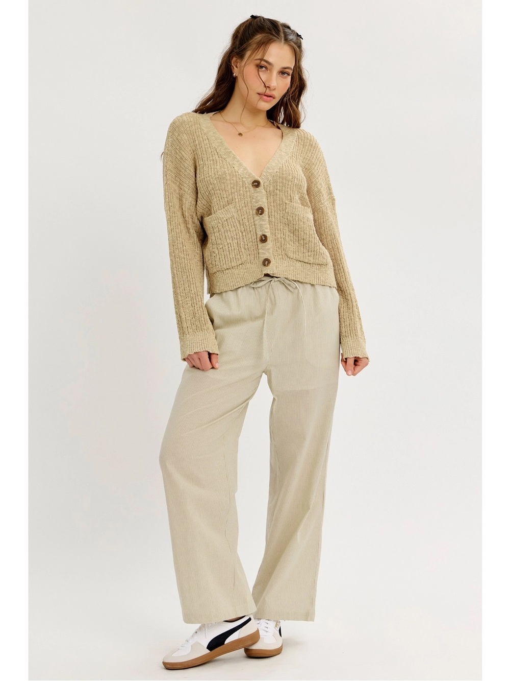Cotton Stripe Straight Pants with Pockets  - 692